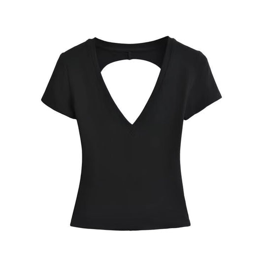 Damen modisches V-Ausschnitt T-Shirt mit offenem Rücken EB