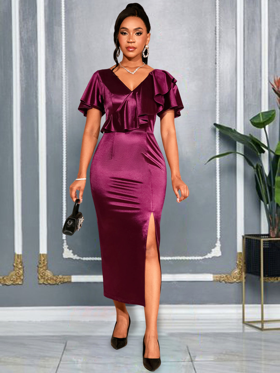 Damen Schickes Maxikleid mit Rüschendetails und Schlitz EB