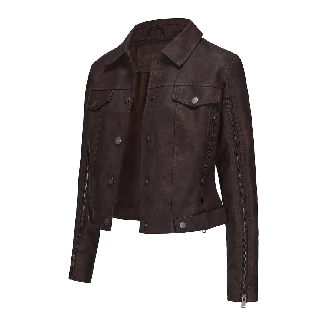 Damen modische Shortjacke aus Kunstleder mit Reißverschlussdetails EB