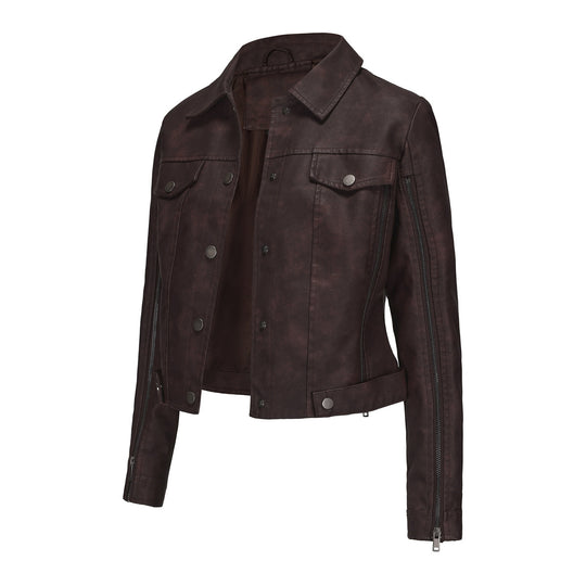 Damen nan kurze Cropped-Truckerjacke aus Wildlederoptik mit seitlichen Reißverschlüssen und aufgesetzten Brusttaschen EB
