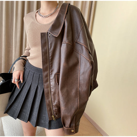 Damen Lässige Kunstlederjacke mit praktischen Taschen und elastischem Saum EB