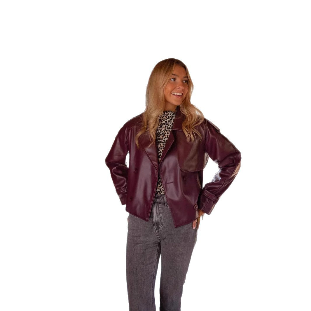 DamenModerne Jacke aus Kunstleder mit Taillengürtel und doppelt gestepptem Design EB