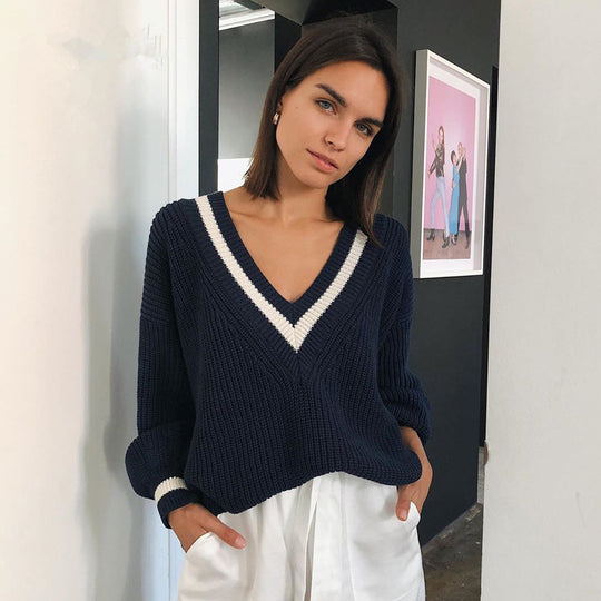 Damen V-Ausschnitt Pullover mit kontrastierenden Streifen EB