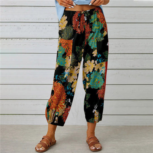 Damen modische Baumwoll-Hose mit floralem Design und elastischem Bund EB