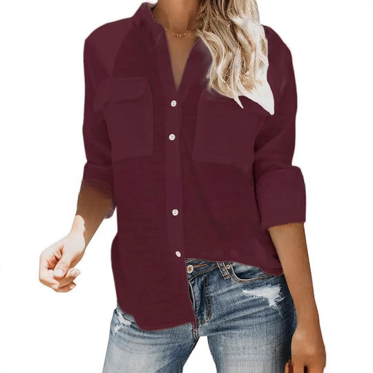 Damen leichte Sommerbluse mit zwei Brusttaschen und aufgerollten Ärmeln EB