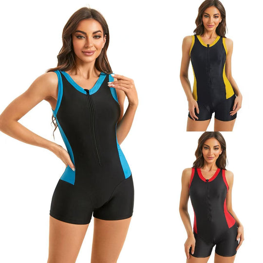 Damen Sportlicher Einteiler mit Reißverschluss und Farbblock-Design EB