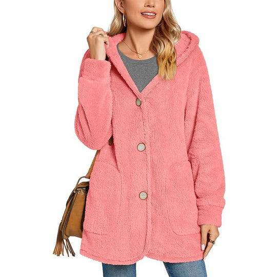 Damen kuschelige Oversized-Jacke mit Kapuze und praktischen Taschen EB