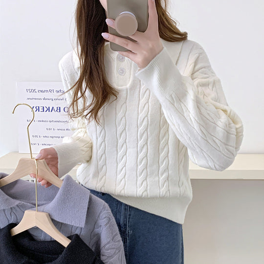 Damen Strickpullover mit Kragen und Knöpfen EB
