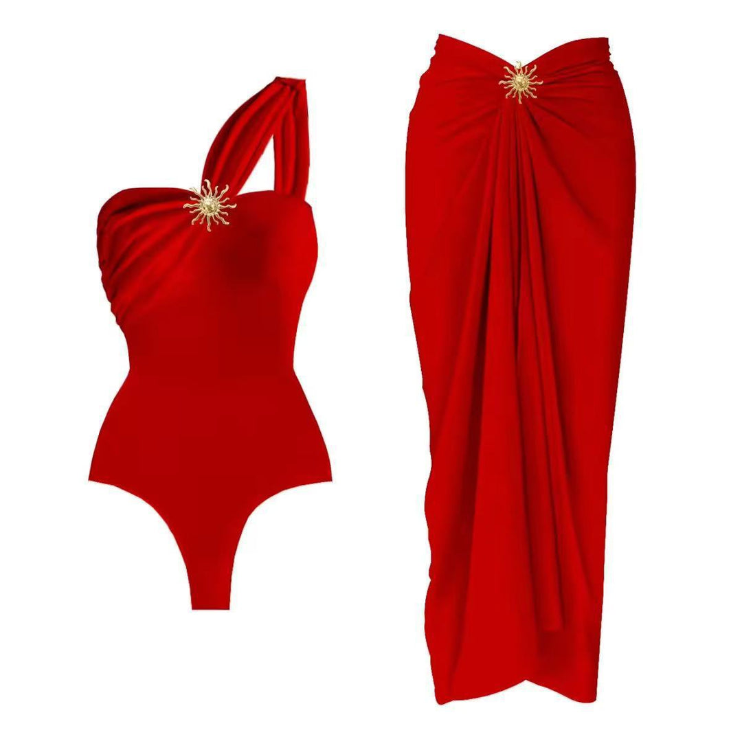 Damen einseitiger Badeanzug mit elegantem Drapierungsdesign und passendem Pareo EB