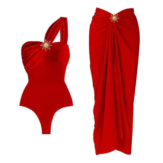Damen einseitiger Badeanzug mit elegantem Drapierungsdesign und passendem Pareo EB