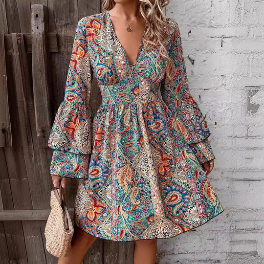 Damen Modisches Wickelkleid mit Paisley-Muster und Volantärmel EB