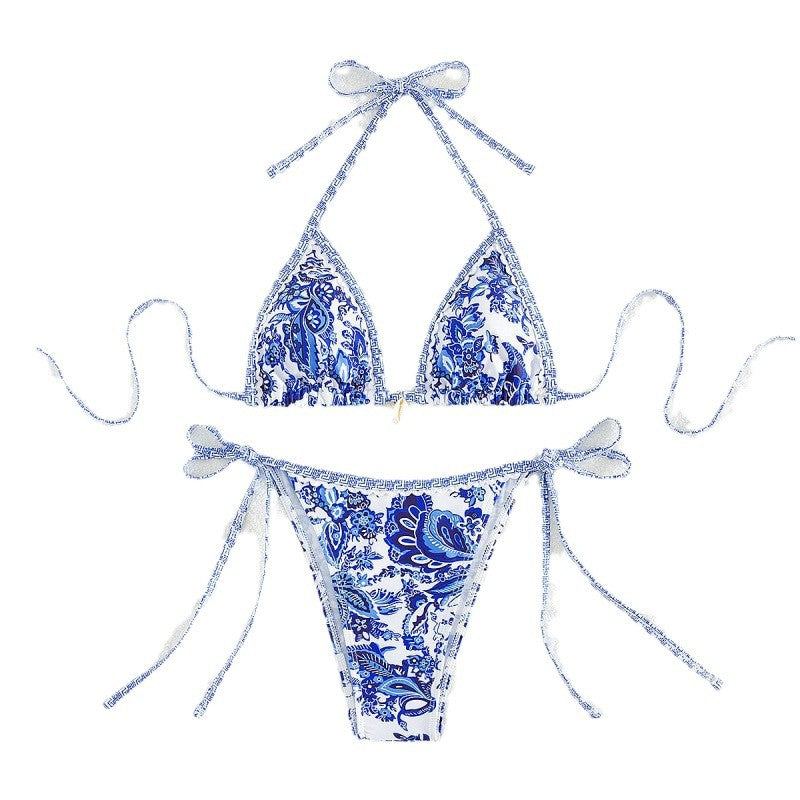 Damen Triangel-Bikini mit verspielten Schleifen und filigranem Muster EB
