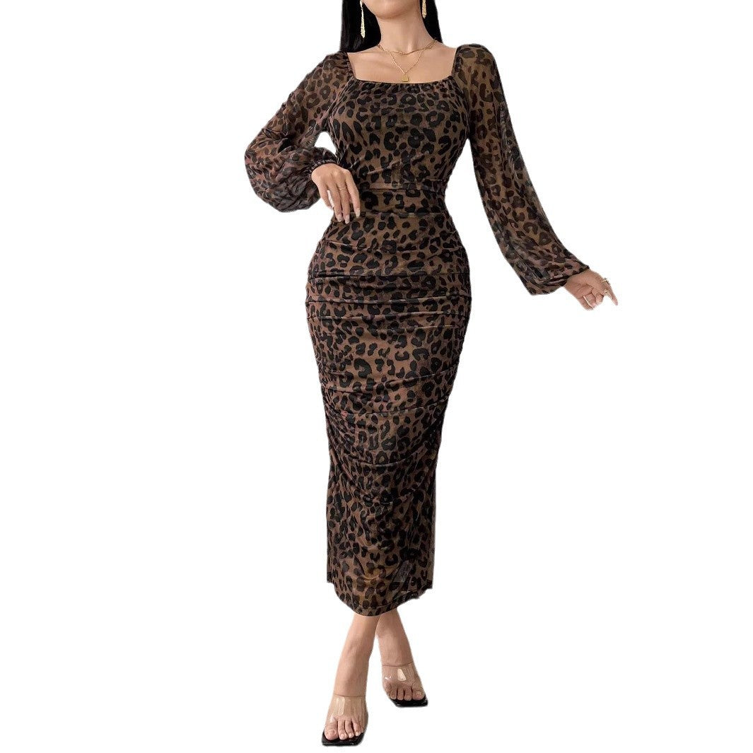 Damen elegantes Kleid mit Leopardenmuster und Puffärmeln EB