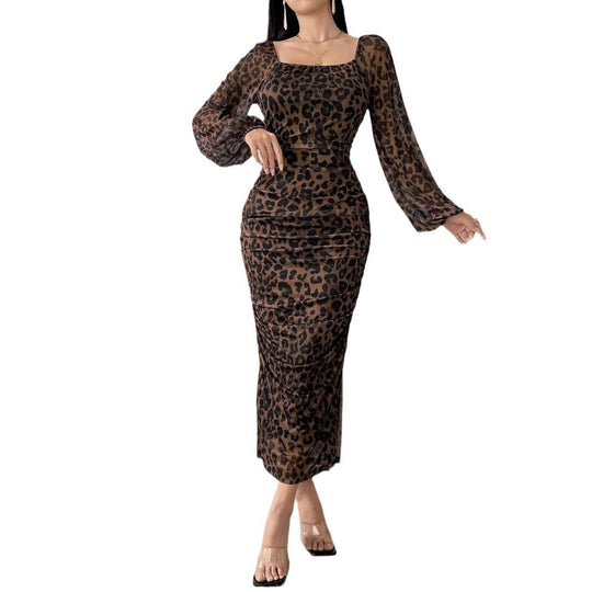 Damen elegantes Kleid mit Leopardenmuster und Puffärmeln EB