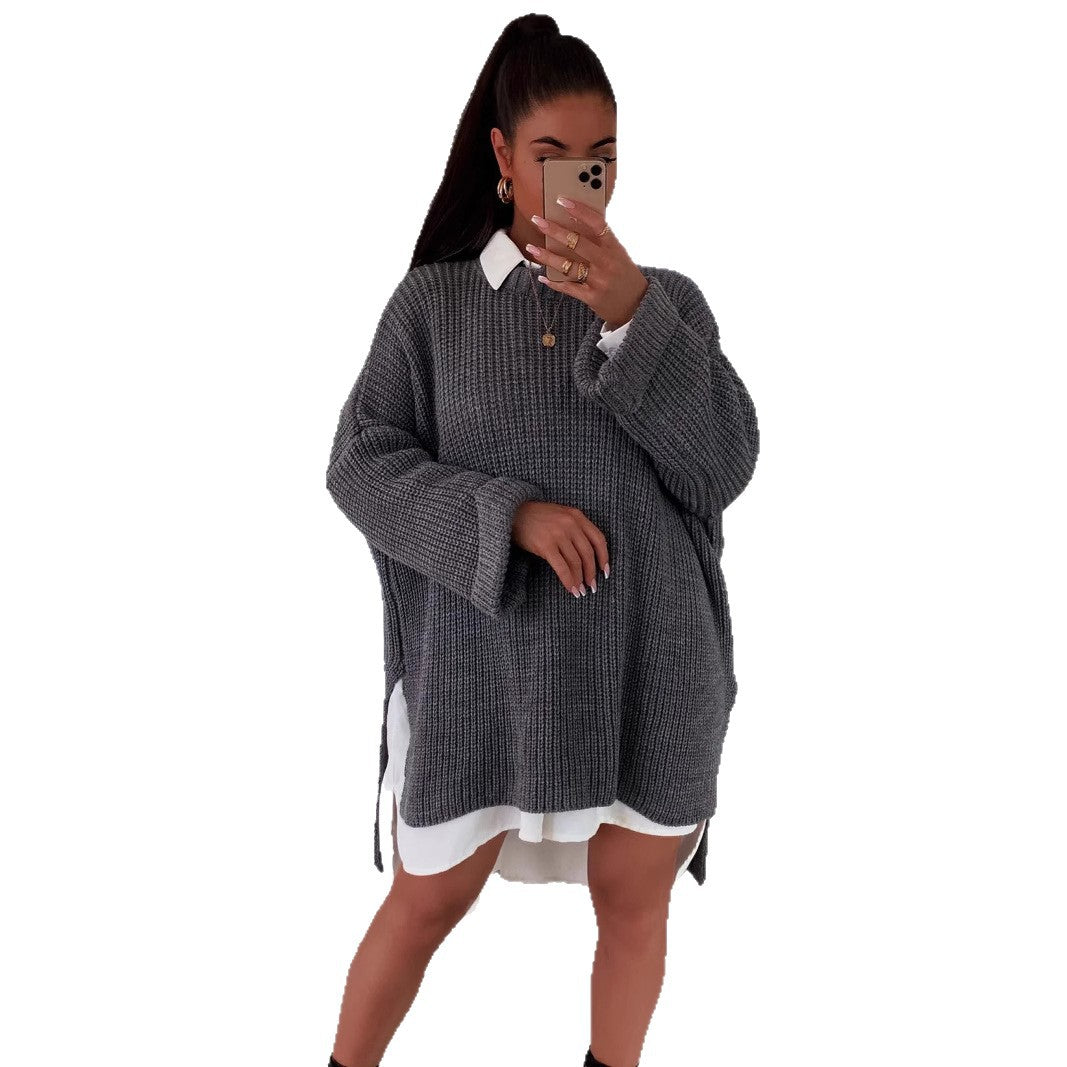 Damen grob gestrickter Oversize-Pullover mit V-Ausschnitt und lässigem Schnitt EB