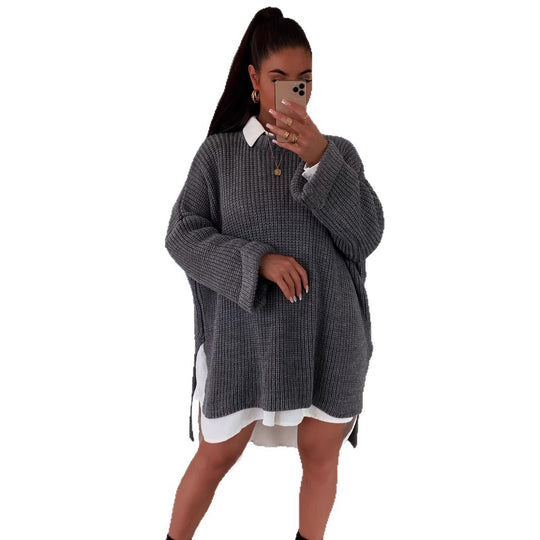 Damen grob gestrickter Oversize-Pullover mit V-Ausschnitt und lässigem Schnitt EB