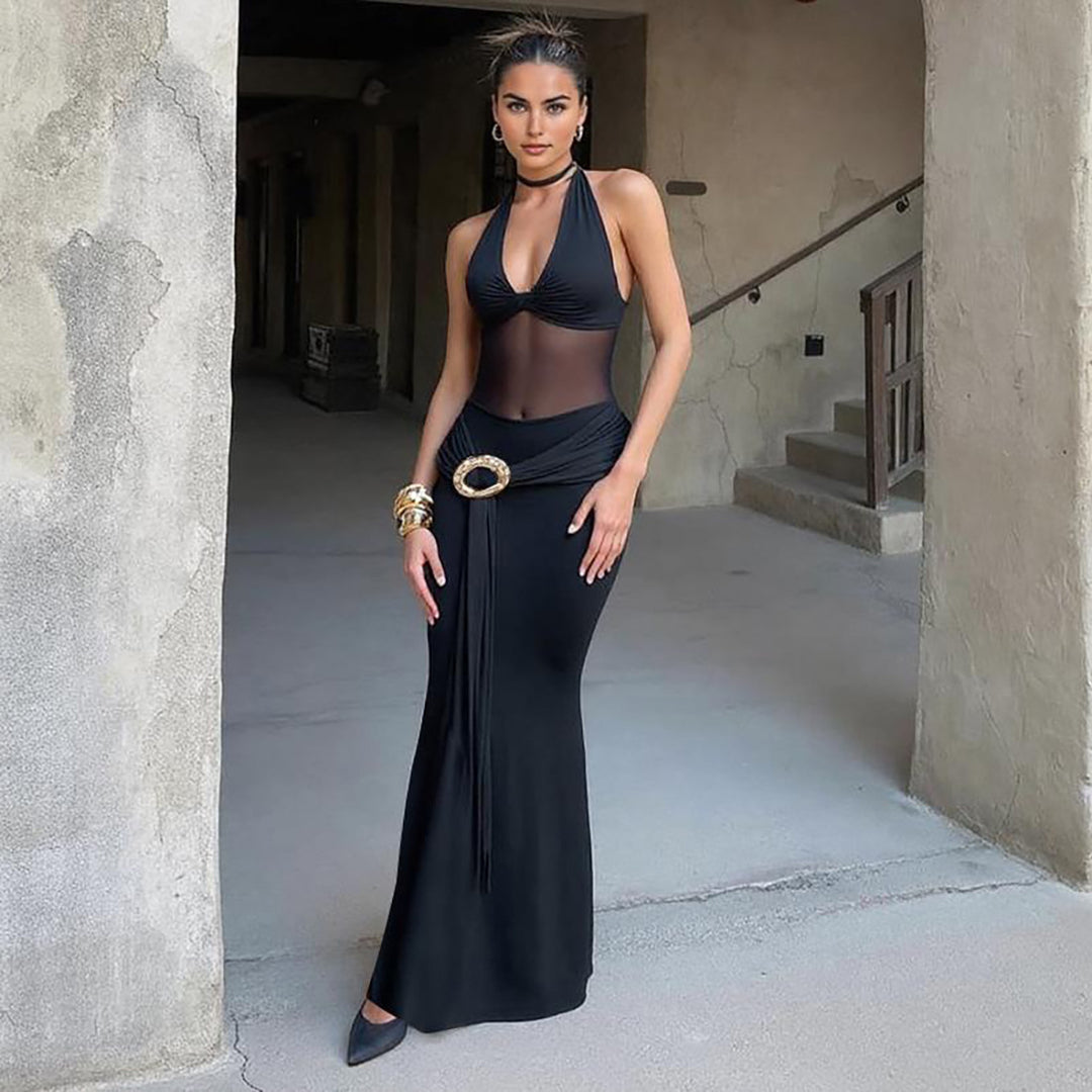 Damen Maxikleid mit durchscheinendem Oberteil und dekorativem Gürtel EB