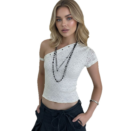 Damen elegantes Oberteil aus zarter Spitze mit kurzem Ärmel und aufregendem Design EB
