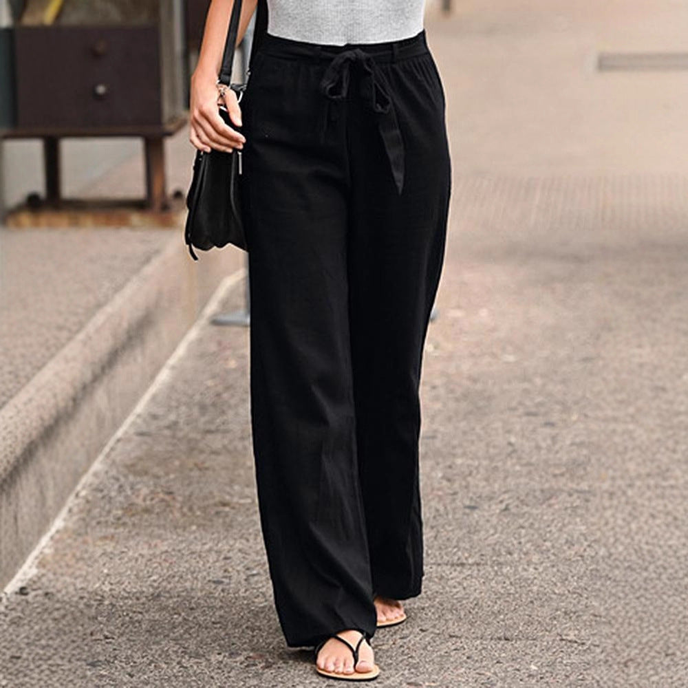 Damen Weite Lounge-Hose mit hohem Gummibund und dekorativem Bindeband EB