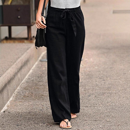 Damen Weite Lounge-Hose mit hohem Gummibund und dekorativem Bindeband EB
