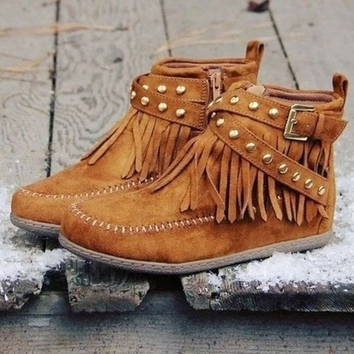 Damen nan Fransen-Ankleboots mit Zierösen, Seitenschlitz-Reißverschluss und Dekor-Schließe EB
