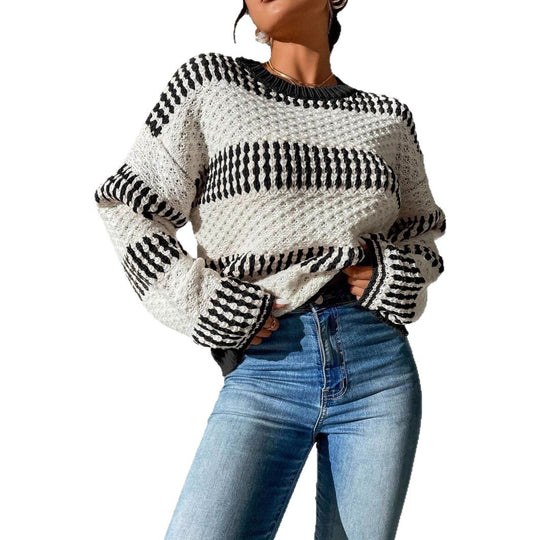 Damen Strickpullover mit strukturierter Oberfläche und modischen Streifen EB