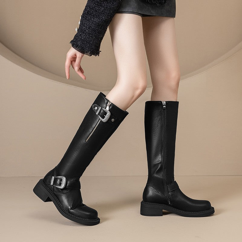 Damen modische Lederstiefel mit trendy Schnallen und komfortabler Sohle EB