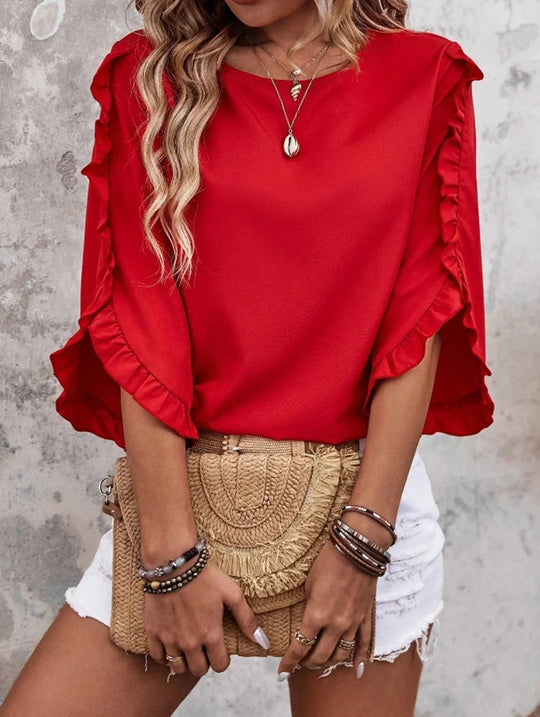 Damen Leichtes Rüschen‑Cape‑Top mit weitem Fledermausärmel EB
