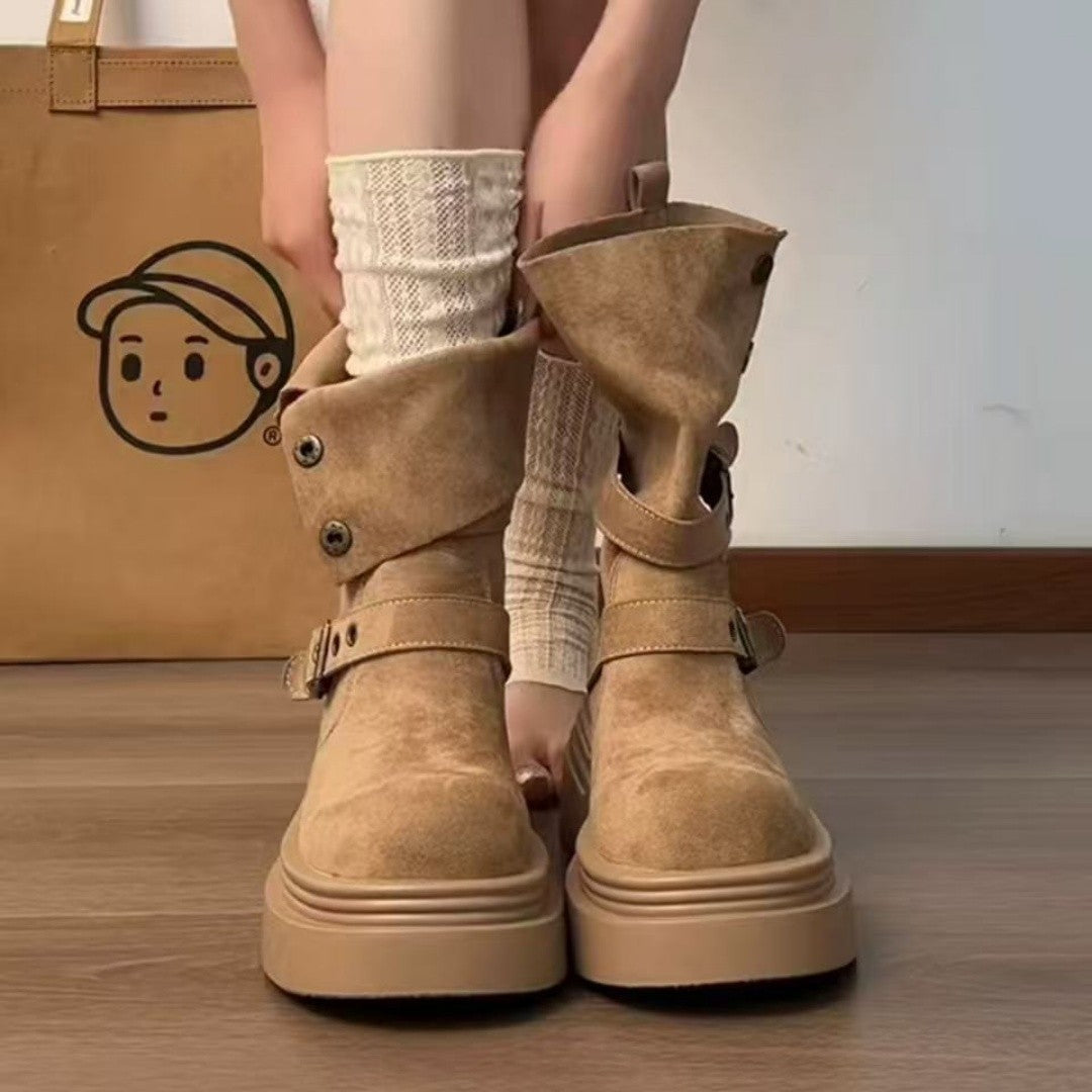Damen Trendige Stiefel mit praktischem Schnallenverschluss und dicker Sohle EB