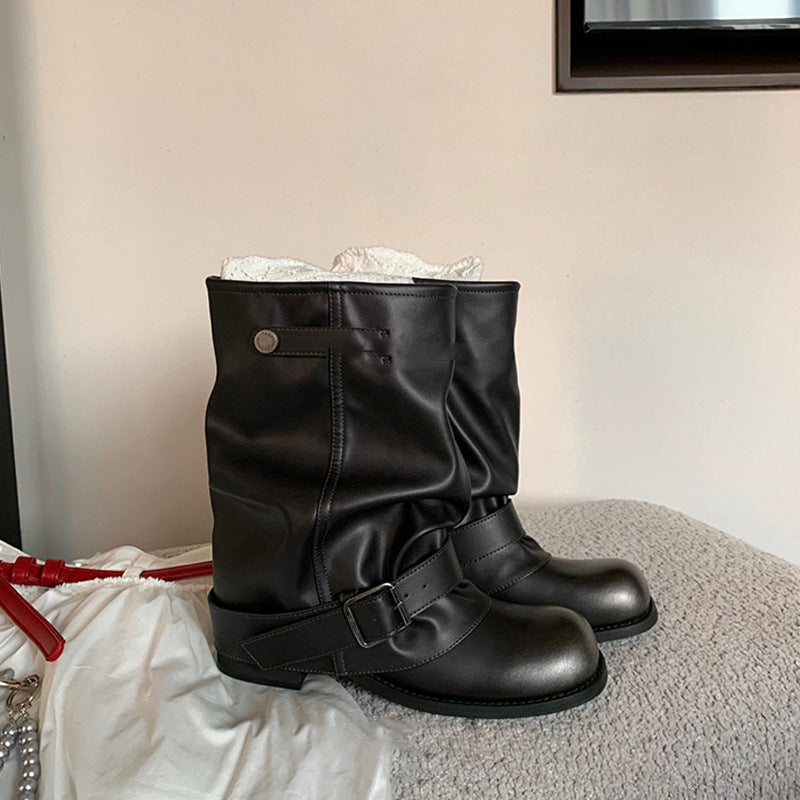 Damen Stiefel mit elegantem Riemenverschluss und modischem Falten-Design EB