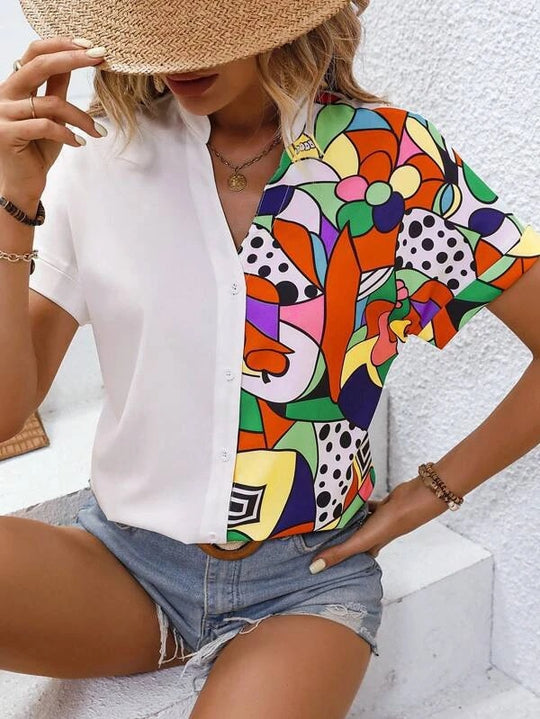 Damen Button-Up Bluse mit künstlerischem asymmetrischem Design EB