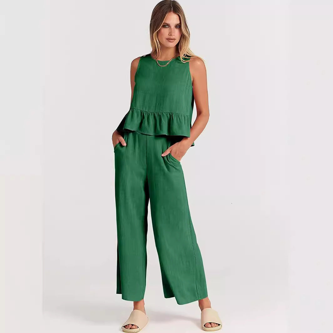 Damen Zweiteiler-Set mit schickem Peplum-Oberteil und weit geschnittenen Hosen EB