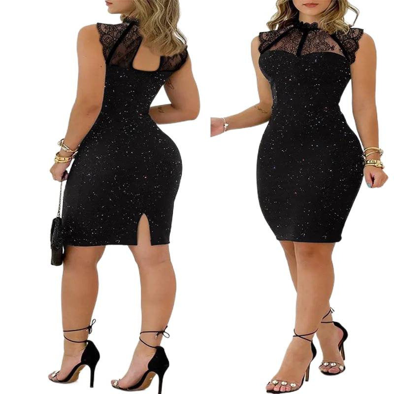 Damen Abendkleid mit exklusivem Spitzenkragen und schimmernden Akzenten EB
