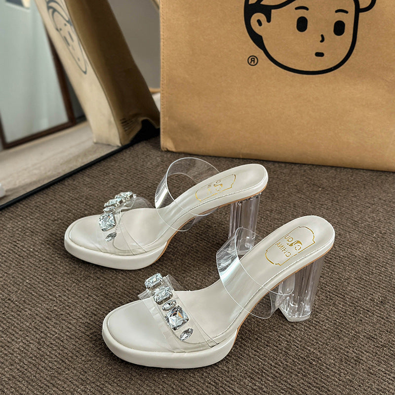 Damen Glamouröse Plateau-Sandalen mit durchsichtigen Riemen und funkelnden Kristall-Akzenten EB
