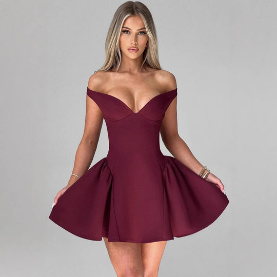 Damen Elegantes schulterfreies Cocktailkleid mit schwingendem Rock und raffinierter Drapierung EB
