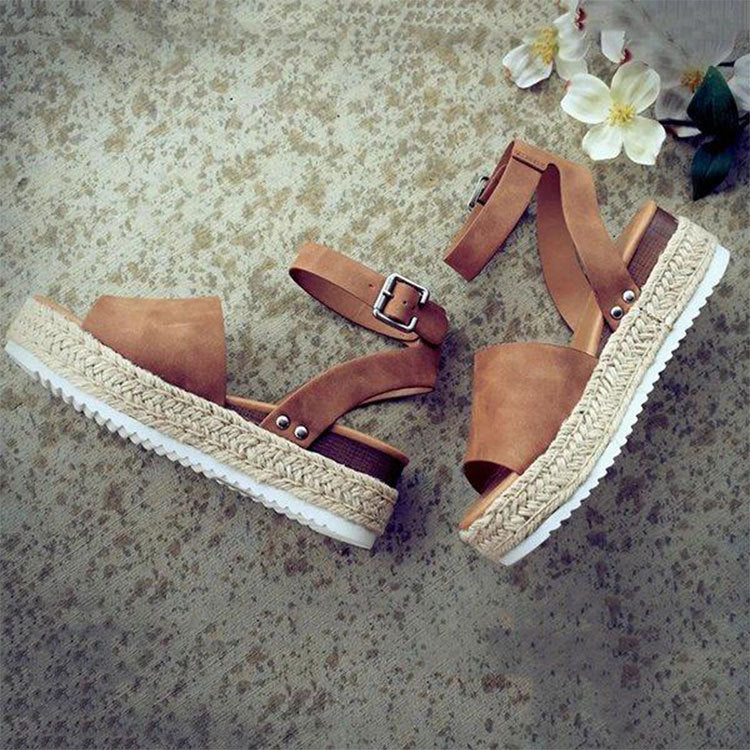 Damen Plateau-Sandalen mit verstellbarem Riemen und jute-artigem Boden EB