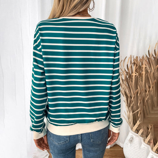 Damen Lässiger Streifenpullover mit elastischen Bündchen und Rundhalsausschnitt EB