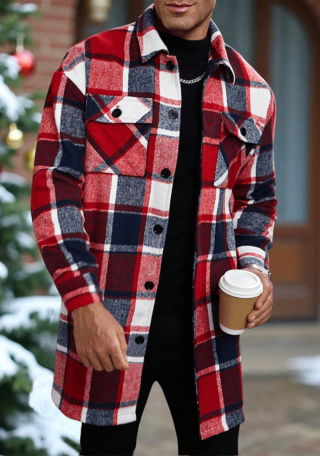 Herren karierte Flanelljacke mit knöpfbaren Taschen und modernem Schnitt EB
