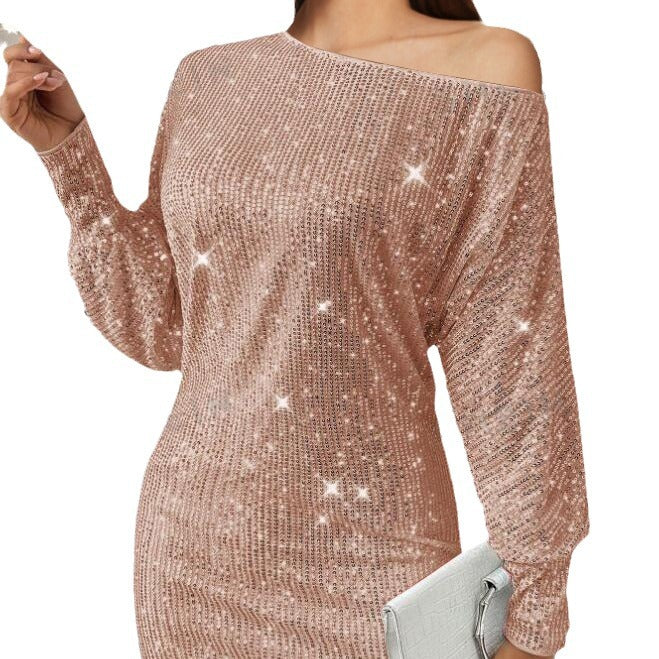 Damen Funkelndes Minikleid mit asymmetrischem Ausschnitt und Ballonärmeln EB