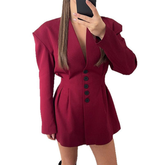 Damen trendiges Blazer-Kleid mit strukturierten Schultern und tiefem V-Ausschnitt EB