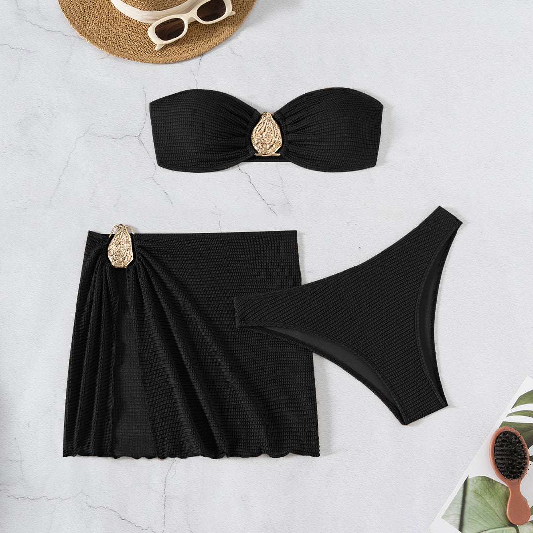 Damen Bandeau-Bikini-Set mit eleganten Falten und dekorativem Verschluss EB