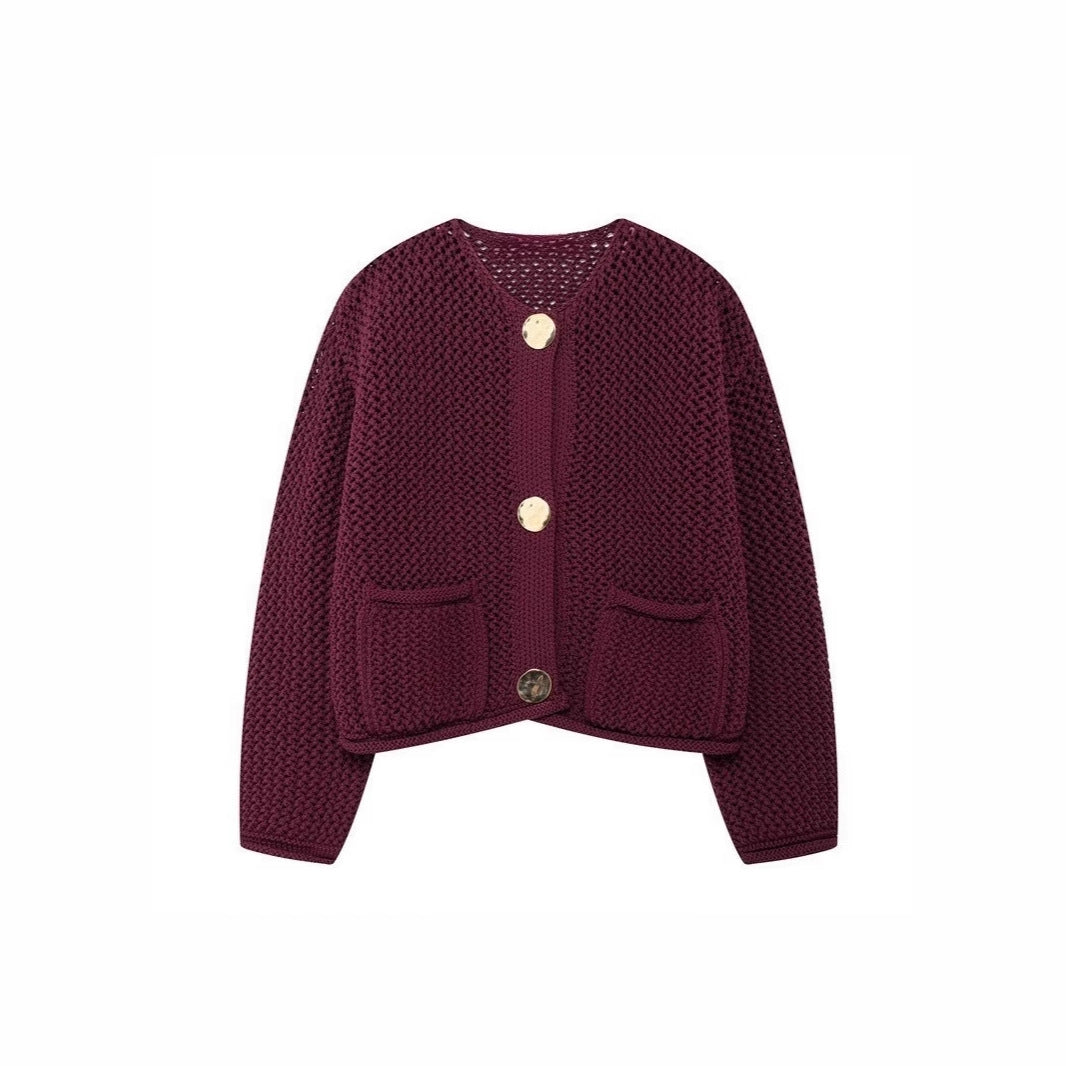 Damen luftige Strickjacke mit durchbrochenem Muster und praktischen Taschen EB