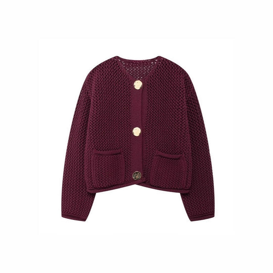 Damen luftige Strickjacke mit durchbrochenem Muster und praktischen Taschen EB