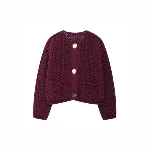 Damen luftige Strickjacke mit durchbrochenem Muster und praktischen Taschen EB