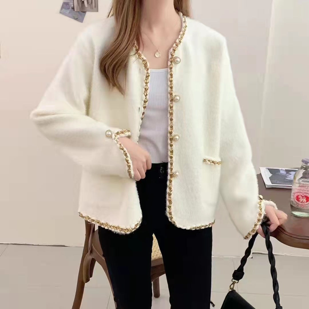 Damen Elegante Strickjacke mit dekorativen Perlenknöpfen und feiner Struktur EB