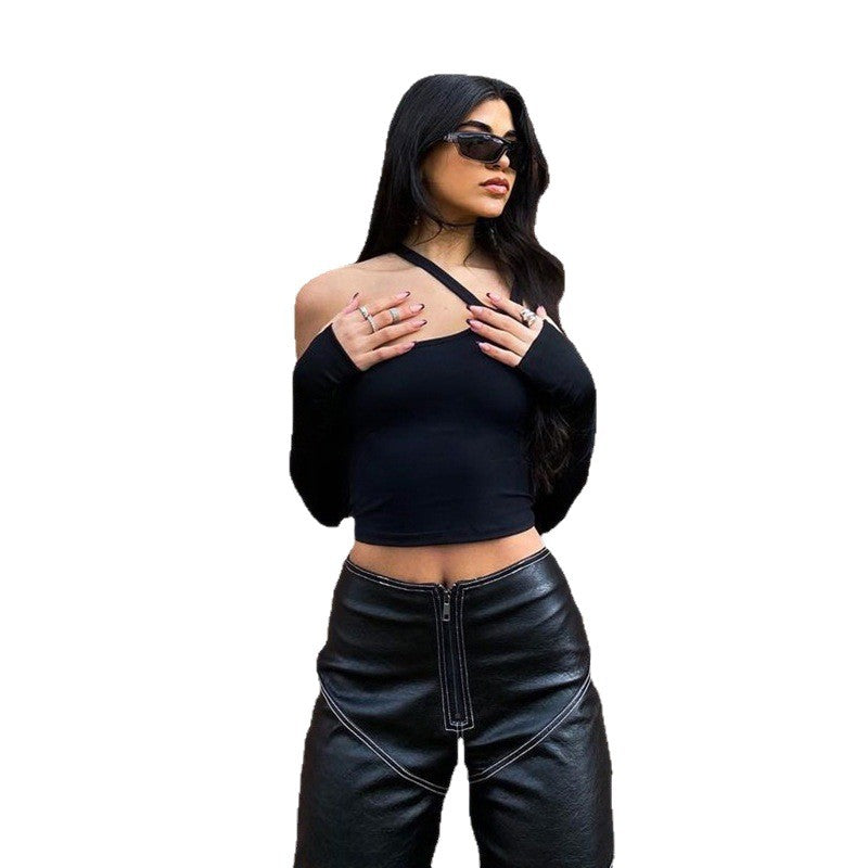 Damen Asymmetrisches Crop-Top mit langen Ärmeln EB