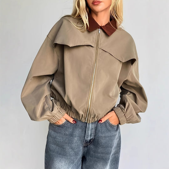 Damen Lässige Cropjacke mit weit geschnittenen Ärmeln und kontrastierendem Kragen EB