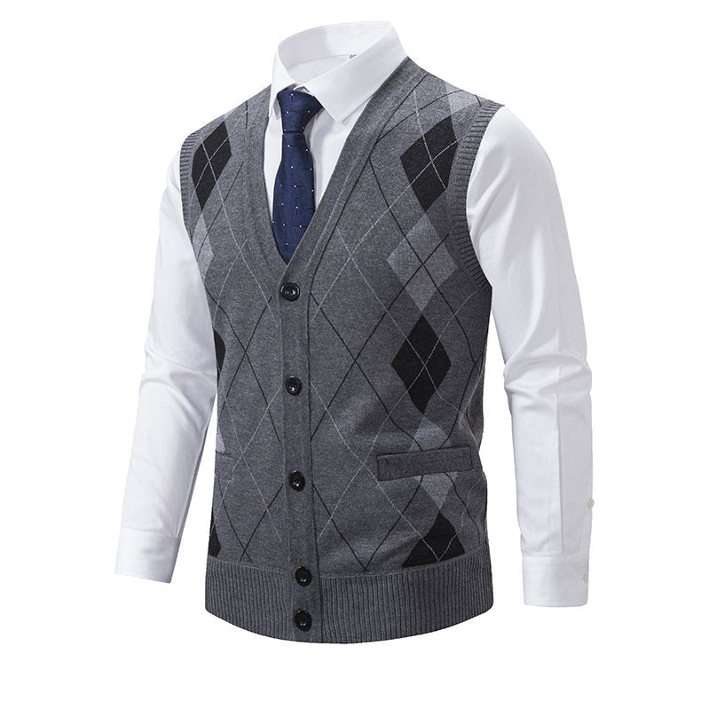 Herren elegante Strickweste mit modernem Rautenmuster und praktischen Taschen EB