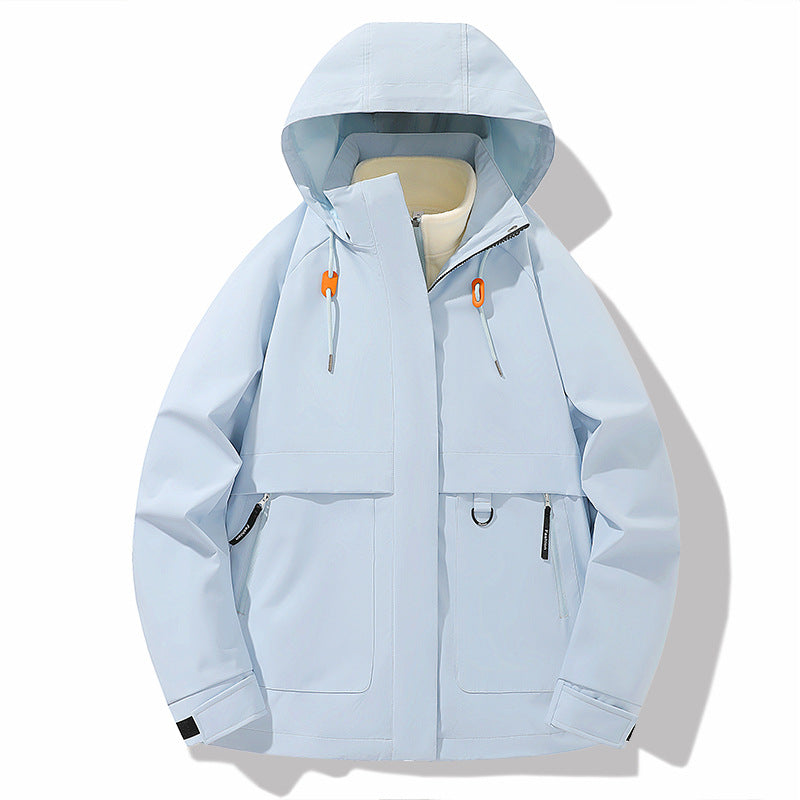 Damen funktionale Wetterjacke mit verstellbarem Kapuzenkragen und großzügigen Taschen EB