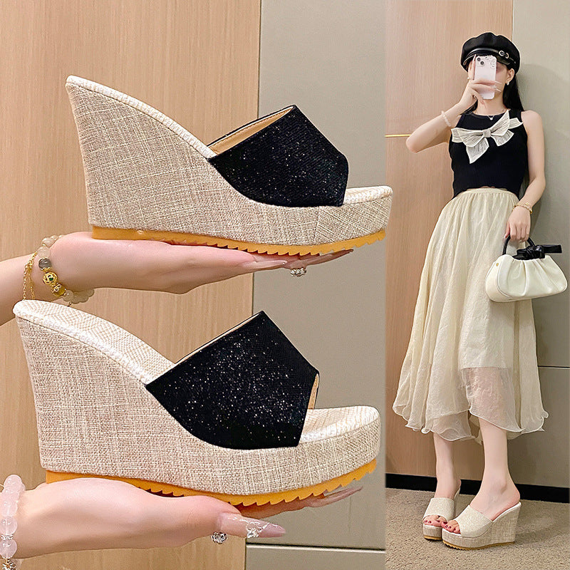 Damen Wedge-Pantoletten mit eleganter Glitzerapplikation EB